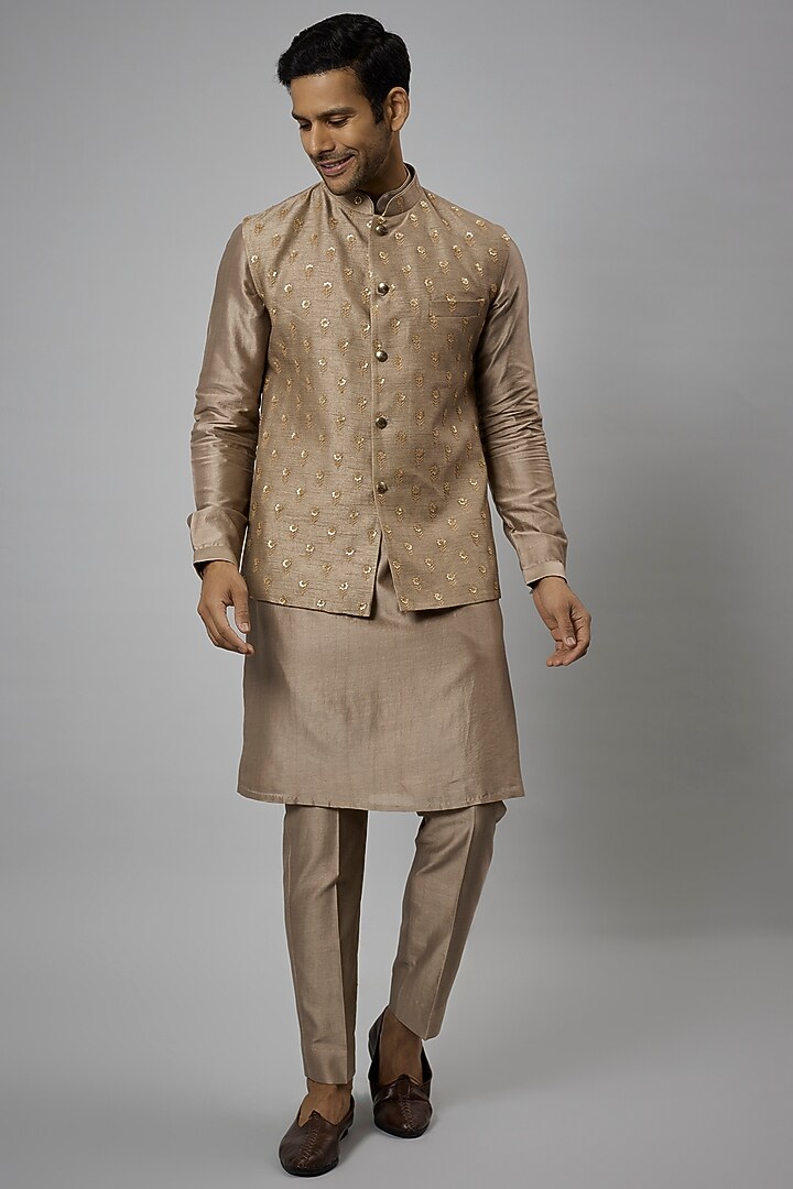 Dark Beige Dola Silk Embellished Nehru Jacket Set by SALIL BHATIA at Pernia's Pop Up Shop