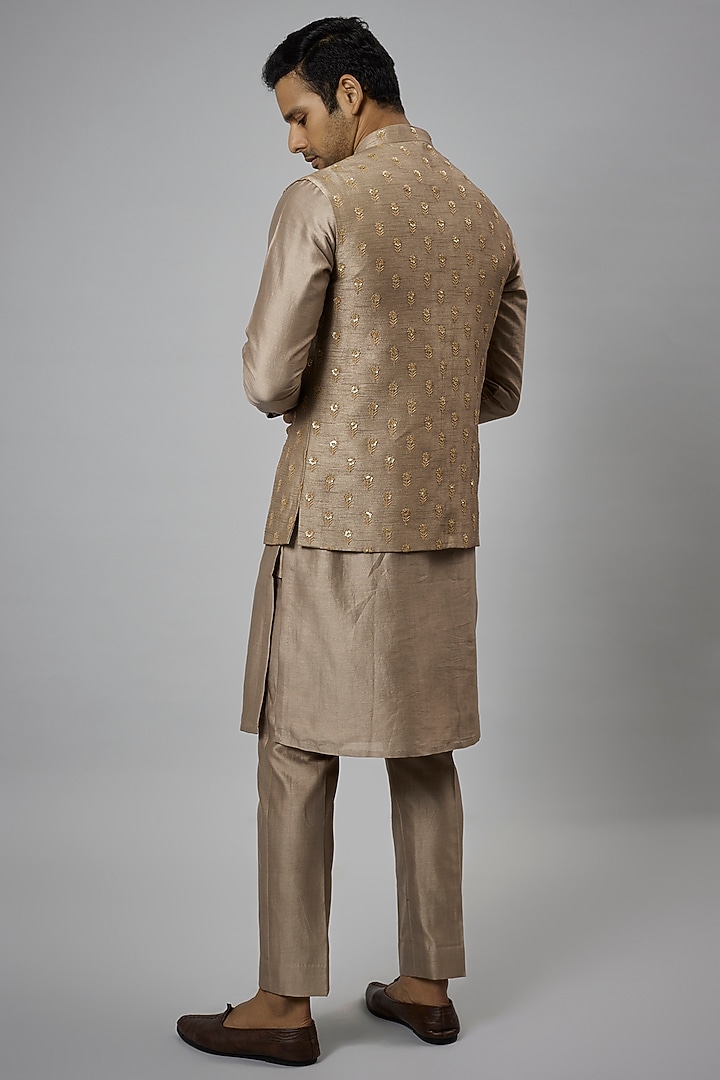 Dark Beige Dola Silk Embellished Nehru Jacket Set by SALIL BHATIA at Pernia's Pop Up Shop