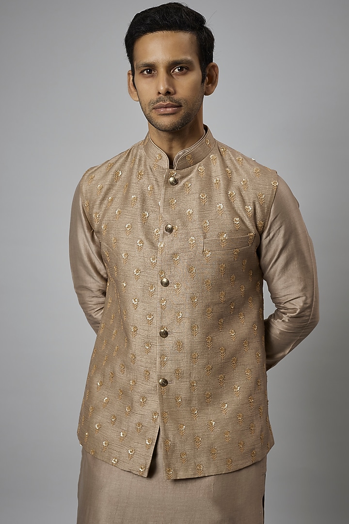 Dark Beige Dola Silk Embellished Nehru Jacket Set by SALIL BHATIA at Pernia's Pop Up Shop