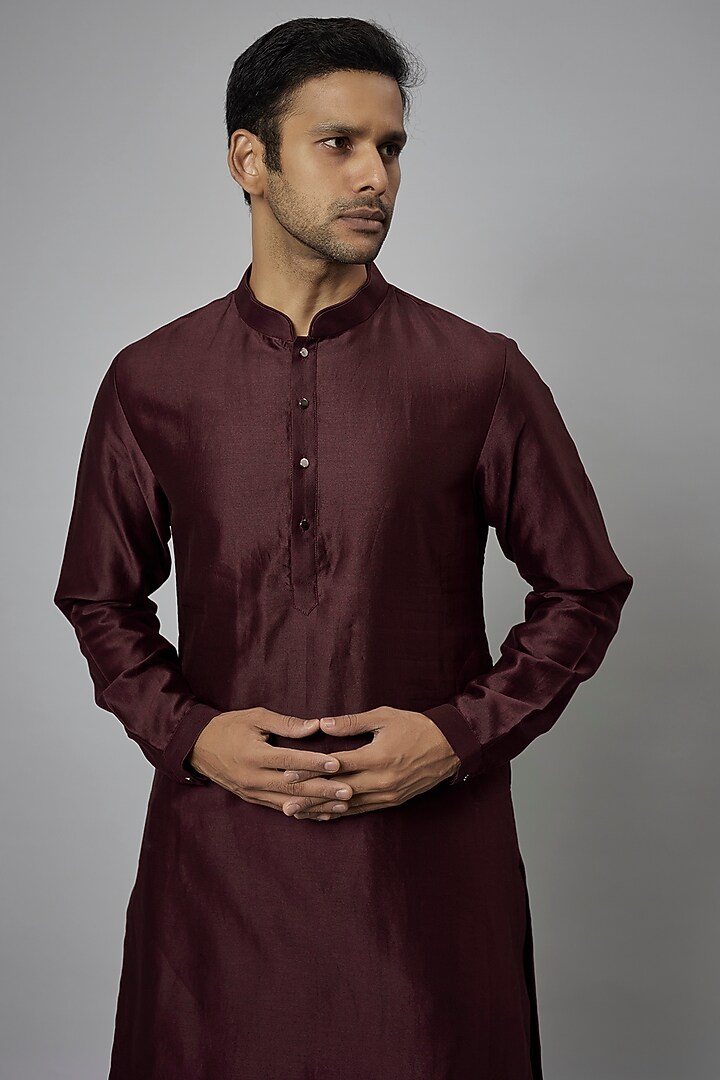 Wine Silk Chanderi Kurta Set by SALIL BHATIA at Pernia's Pop Up Shop