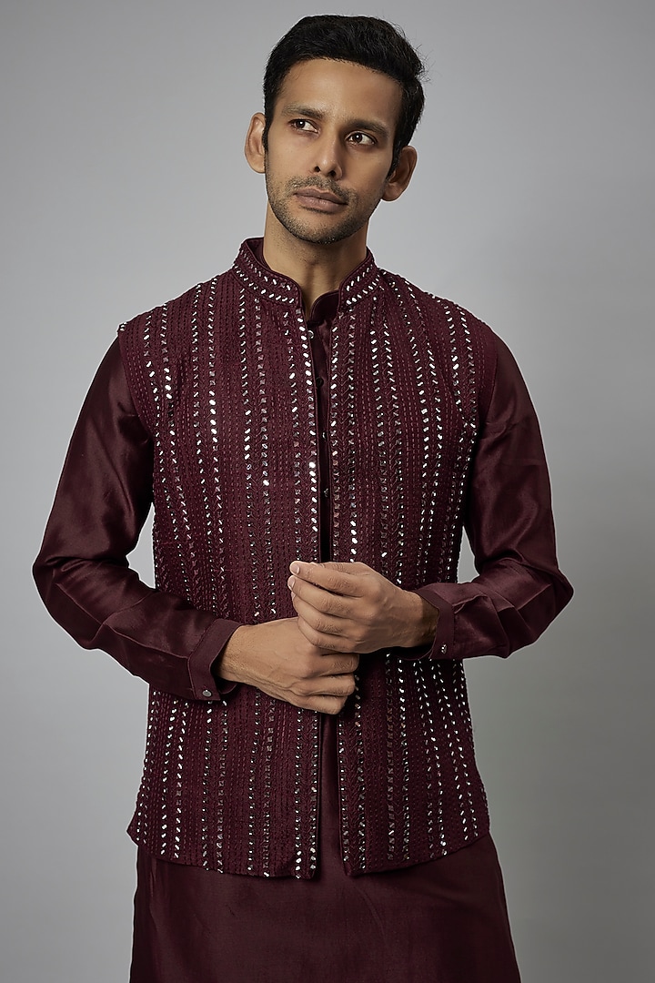 Wine Raw Silk Embroidered Nehru Jacket Set by SALIL BHATIA at Pernia's Pop Up Shop