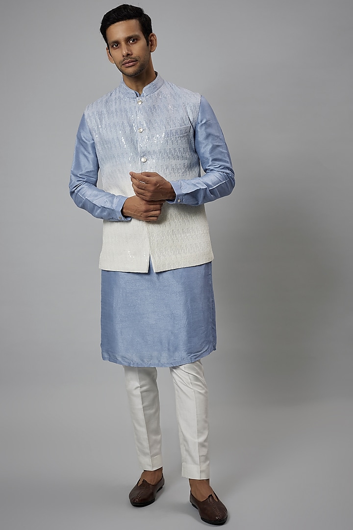 Blue & Ivory Ombre Dola Silk Embroidered Nehru Jacket Set by SALIL BHATIA