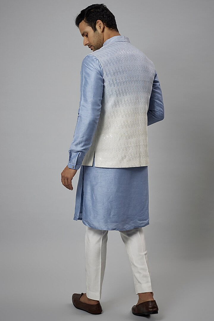 Blue & Ivory Ombre Dola Silk Embroidered Nehru Jacket Set by SALIL BHATIA at Pernia's Pop Up Shop