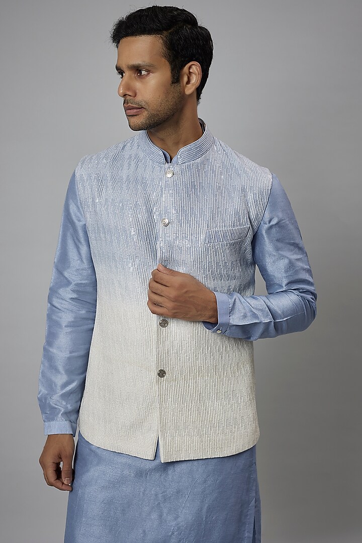 Blue & Ivory Ombre Dola Silk Embroidered Nehru Jacket Set by SALIL BHATIA at Pernia's Pop Up Shop
