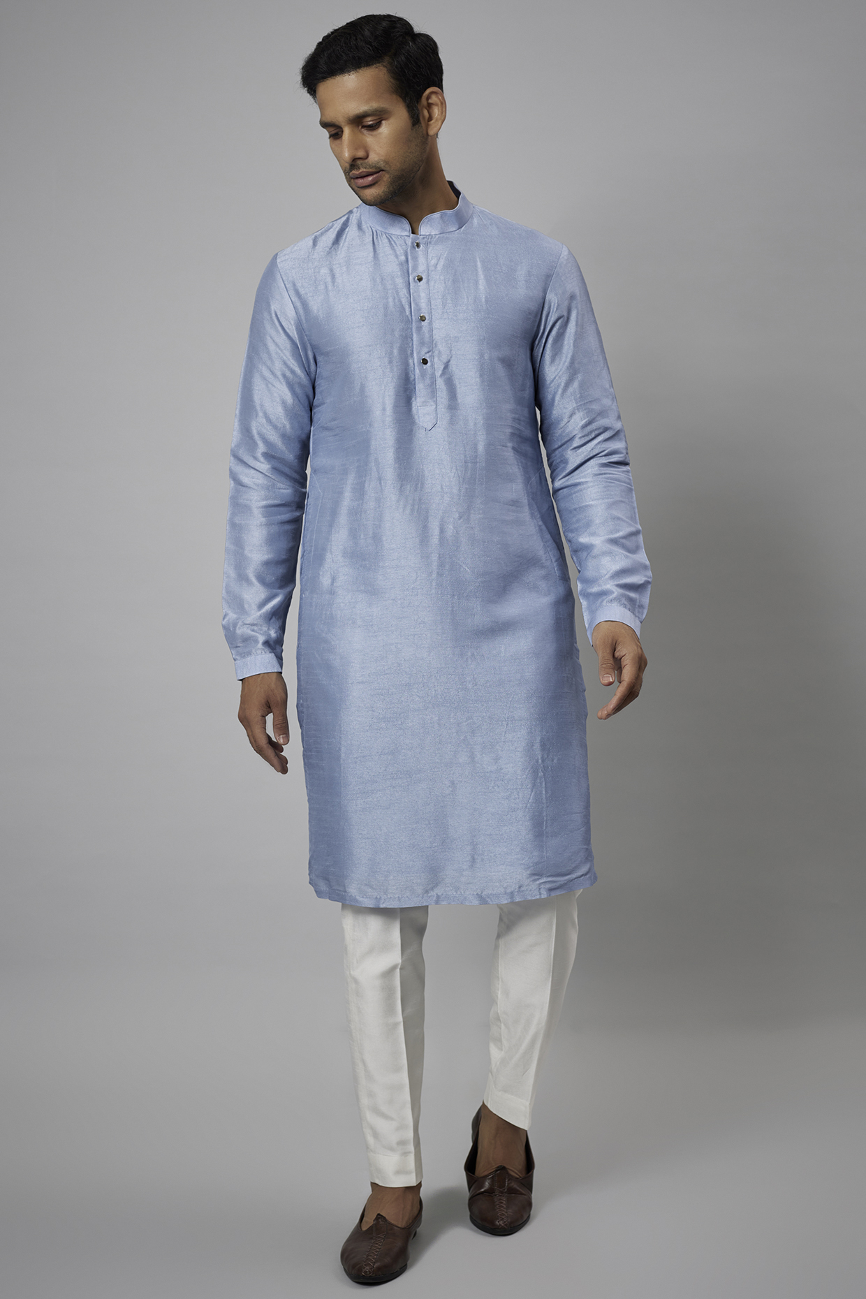 Blue Silk Chanderi Kurta Set by SALIL BHATIA