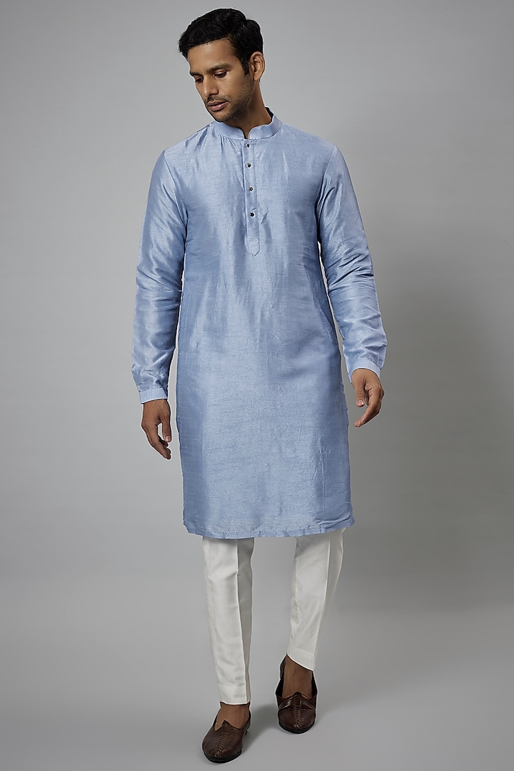 Blue Silk Chanderi Kurta Set by SALIL BHATIA