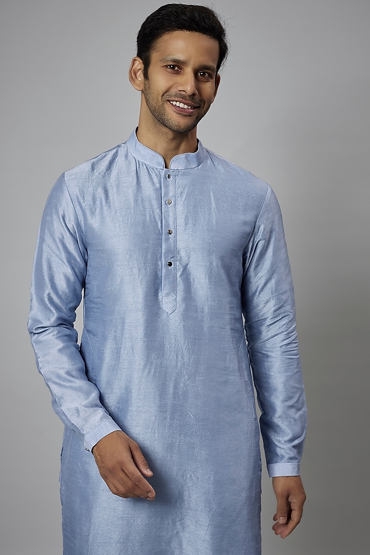 Blue Silk Chanderi Kurta Set by SALIL BHATIA at Pernia's Pop Up Shop