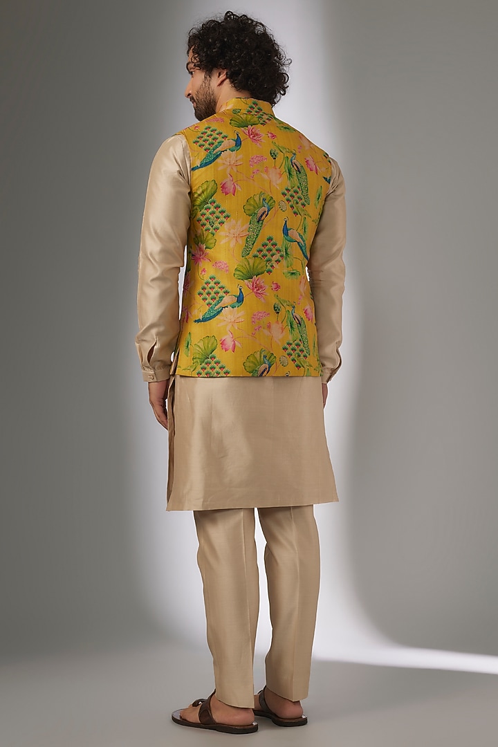 Yellow Silk Floral Printed Nehru Jacket Set by SALIL BHATIA at Pernia's Pop Up Shop