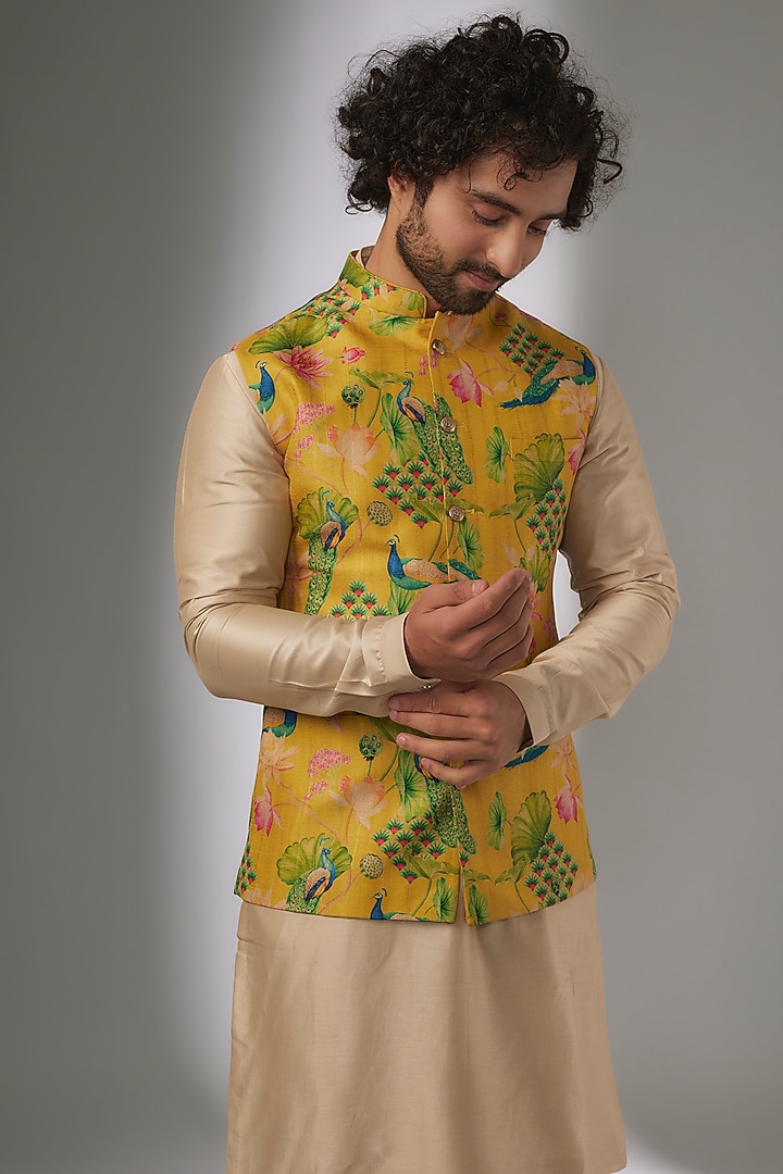 Yellow Silk Floral Printed Nehru Jacket Set by SALIL BHATIA at Pernia's Pop Up Shop