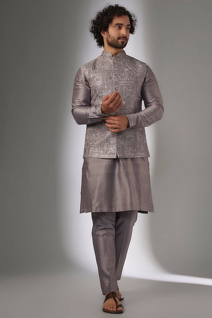 Mauve Dola Silk Thread & Sequins Embroidered Nehru Jacket Set by SALIL BHATIA at Pernia's Pop Up Shop