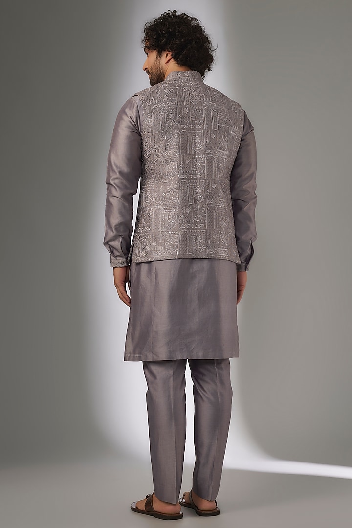 Mauve Dola Silk Thread & Sequins Embroidered Nehru Jacket Set by SALIL BHATIA at Pernia's Pop Up Shop