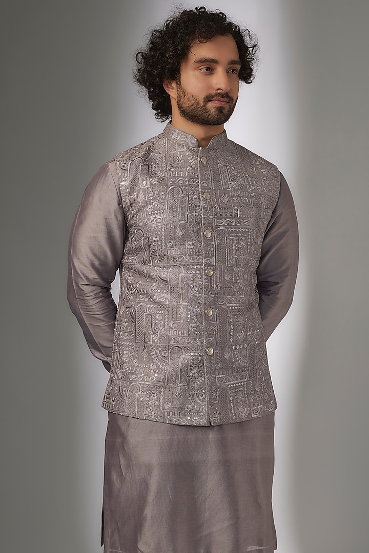 Mauve Dola Silk Thread & Sequins Embroidered Nehru Jacket Set by SALIL BHATIA at Pernia's Pop Up Shop