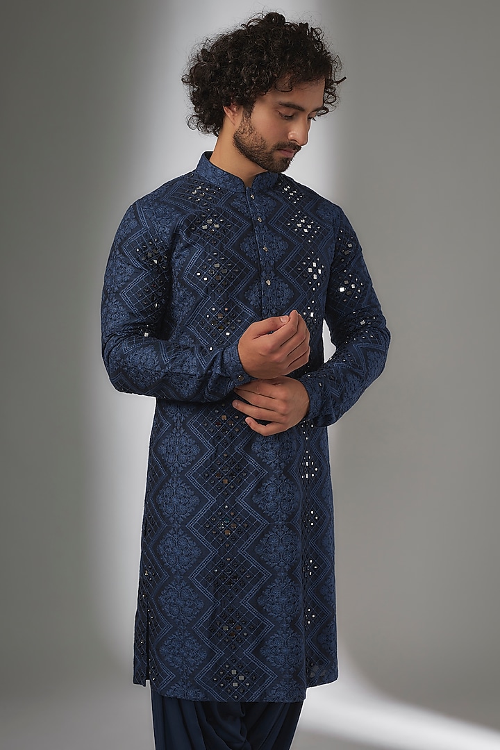 Royal Blue Dola Silk Mirror Work Kurta Set by SALIL BHATIA at Pernia's Pop Up Shop