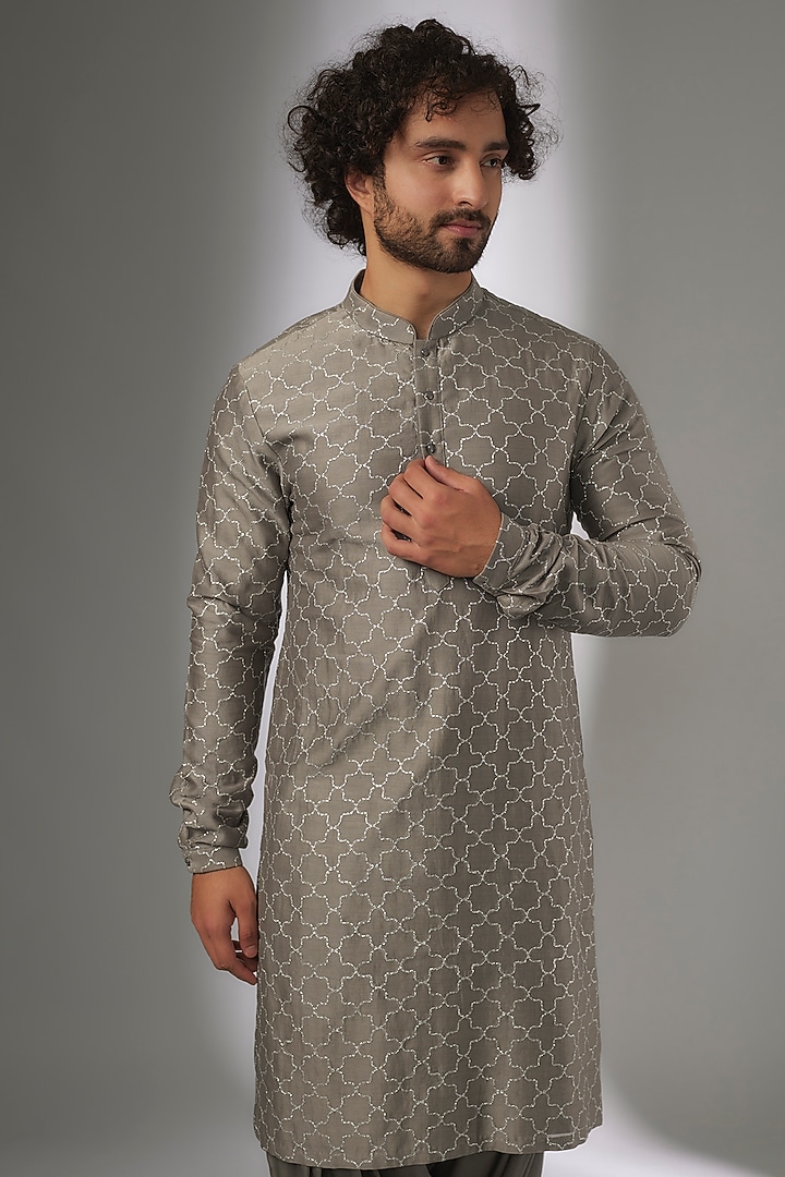 Taupe Chanderi Silk Zari Work Kurta Set by SALIL BHATIA at Pernia's Pop Up Shop
