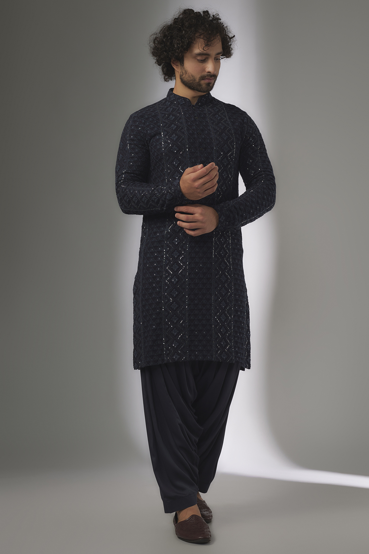 Navy Blue Georgette Thread & Sequins Embellished Kurta Set by SALIL BHATIA at Pernia's Pop Up Shop