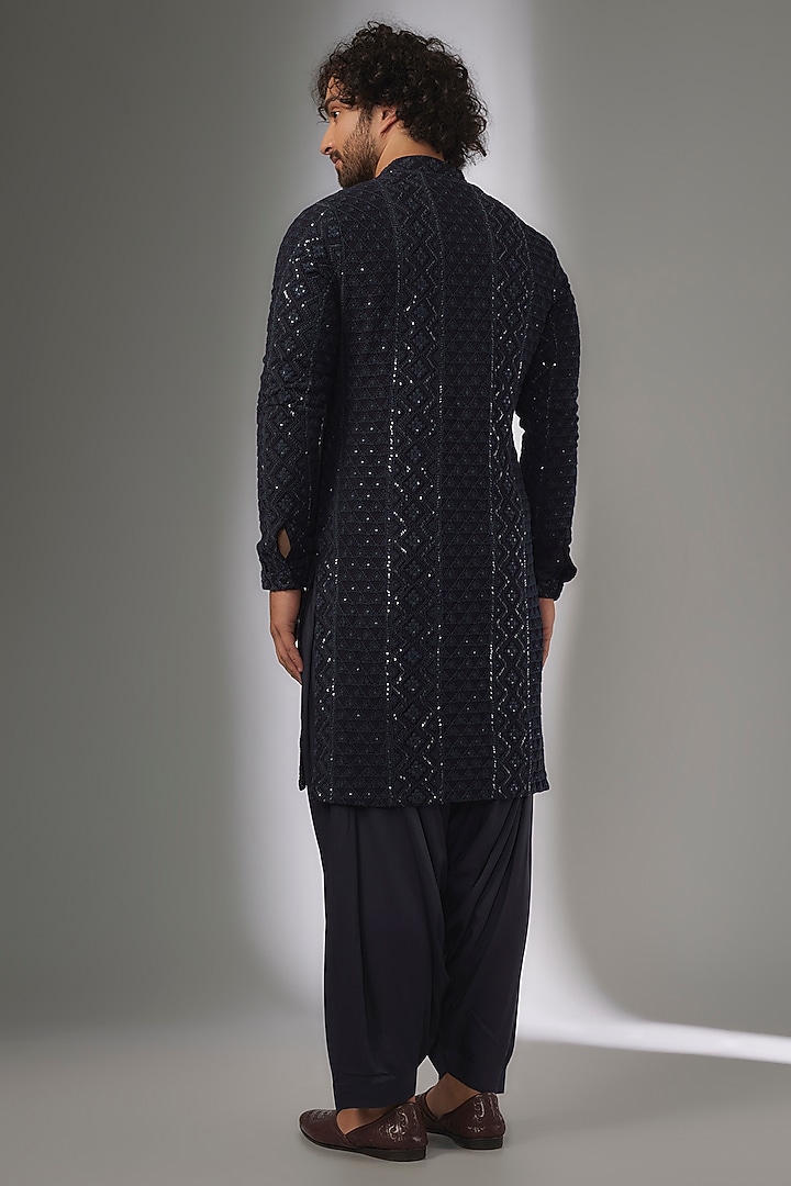 Navy Blue Georgette Thread & Sequins Embellished Kurta Set by SALIL BHATIA at Pernia's Pop Up Shop