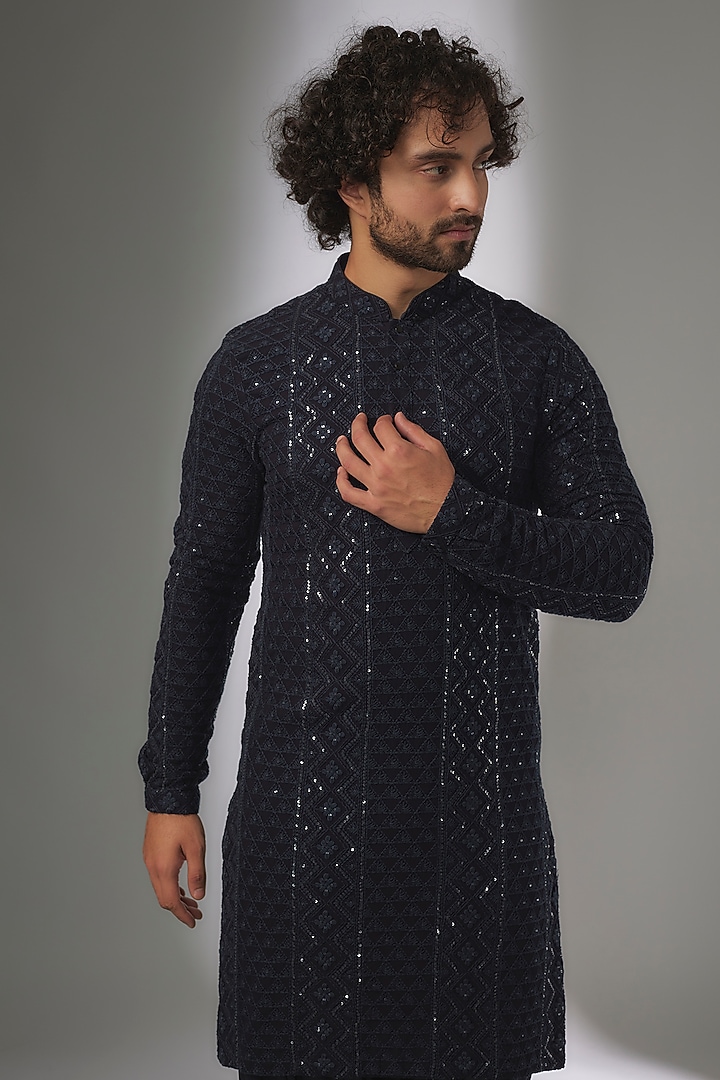 Navy Blue Georgette Thread & Sequins Embellished Kurta Set by SALIL BHATIA at Pernia's Pop Up Shop