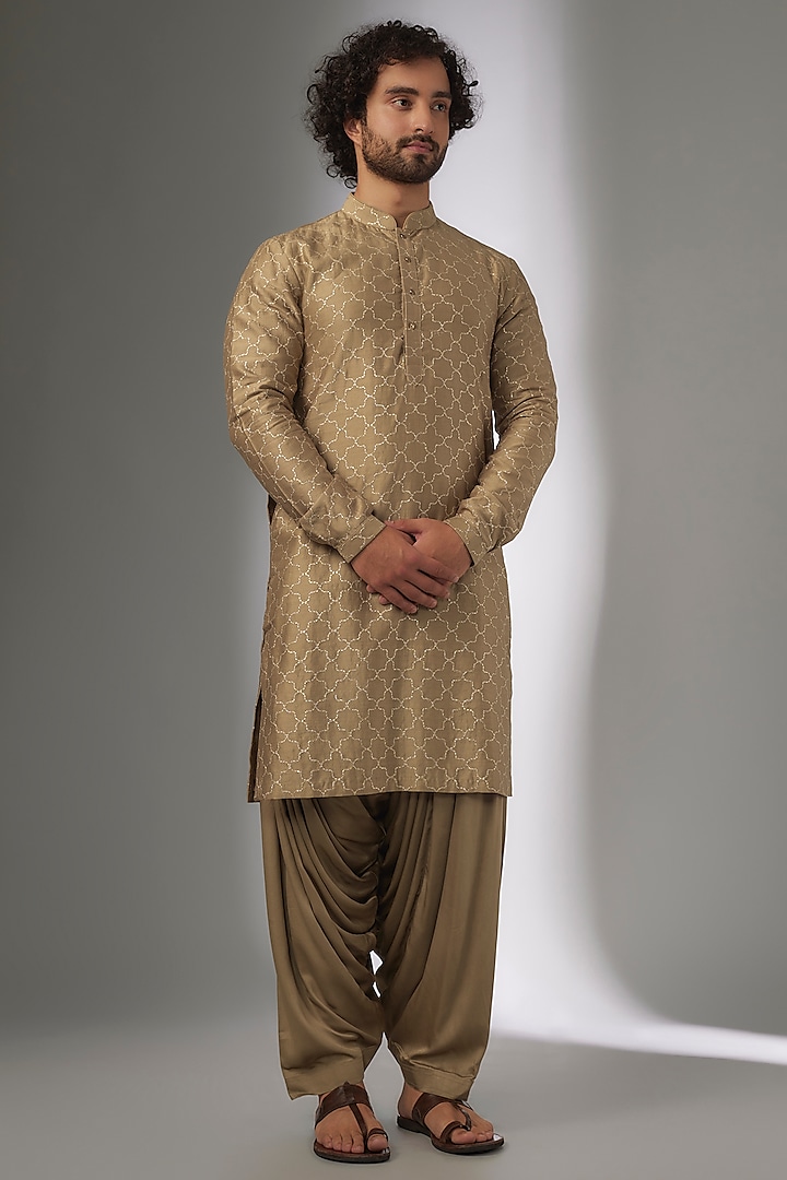 Gold Chanderi Silk Zari Work Kurta Set by SALIL BHATIA