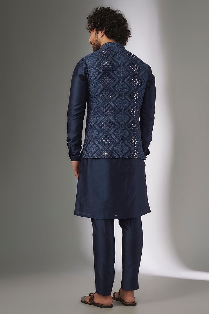 Royal Blue Dola Silk Thread & Mirror Embroidered Nehru Jacket Set by SALIL BHATIA at Pernia's Pop Up Shop