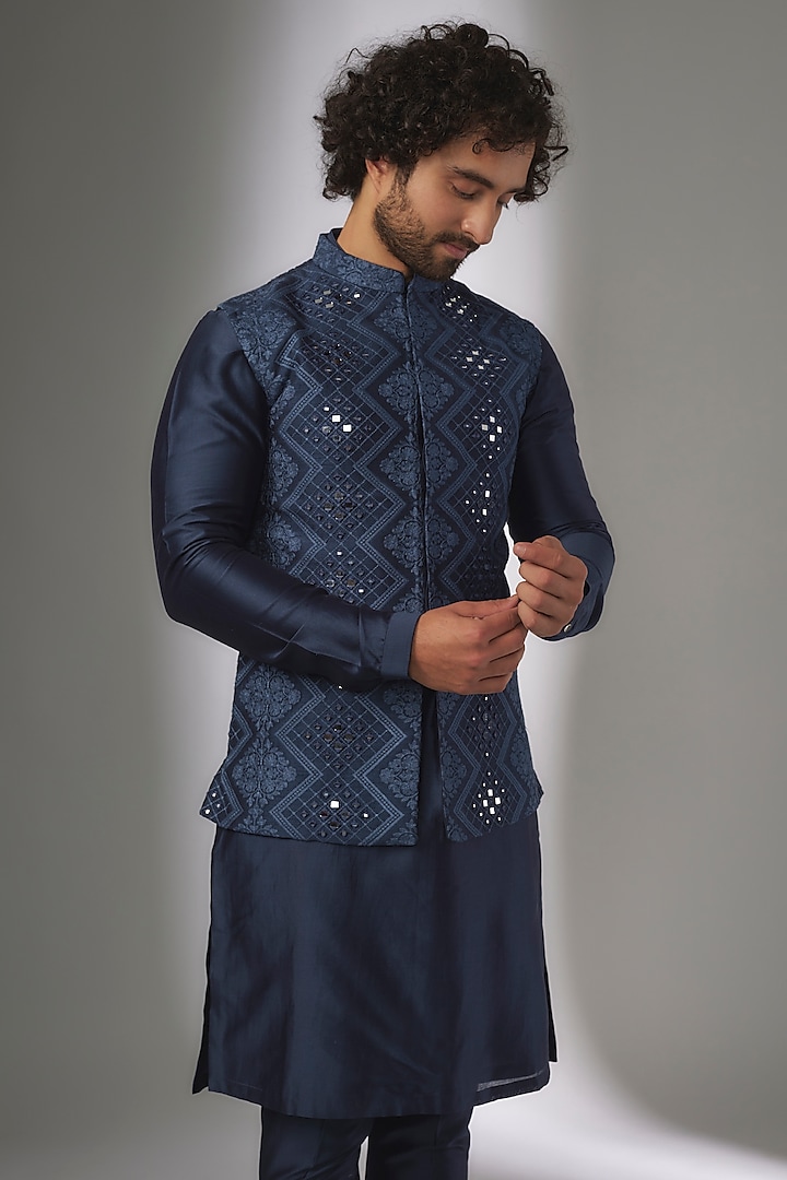 Royal Blue Dola Silk Thread & Mirror Embroidered Nehru Jacket Set by SALIL BHATIA at Pernia's Pop Up Shop