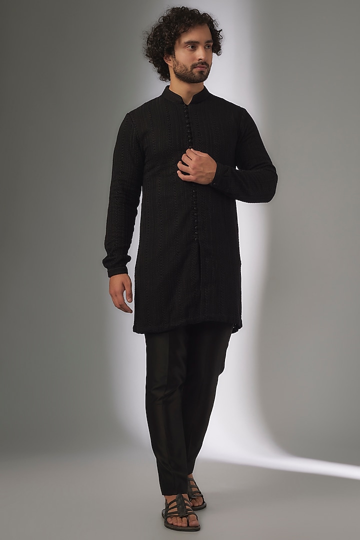Black Georgette Thread Embroidered Kurta Set by SALIL BHATIA at Pernia's Pop Up Shop
