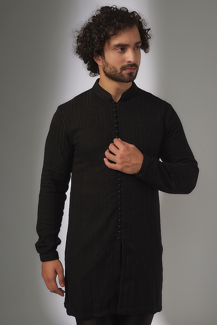 Black Georgette Thread Embroidered Kurta Set by SALIL BHATIA at Pernia's Pop Up Shop