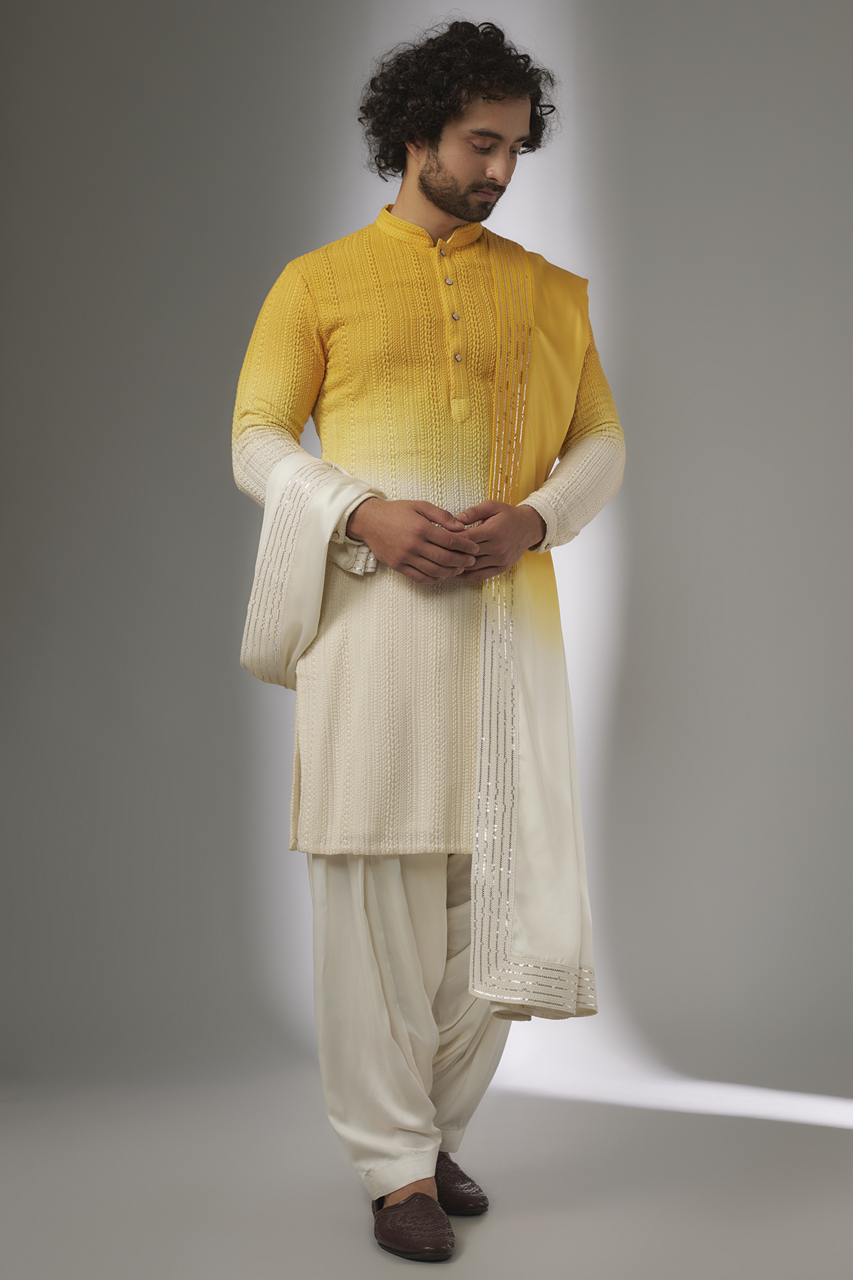 Yellow & Ivory Georgette Thread Work Ombre Kurta Set by SALIL BHATIA at Pernia's Pop Up Shop
