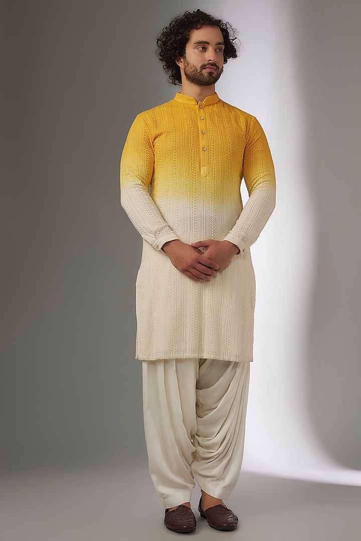 Yellow & Ivory Georgette Thread Work Ombre Kurta Set by SALIL BHATIA at Pernia's Pop Up Shop