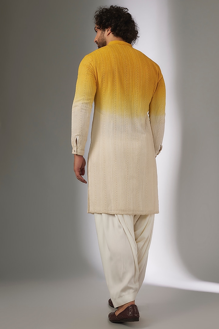 Yellow & Ivory Georgette Thread Work Ombre Kurta Set by SALIL BHATIA at Pernia's Pop Up Shop
