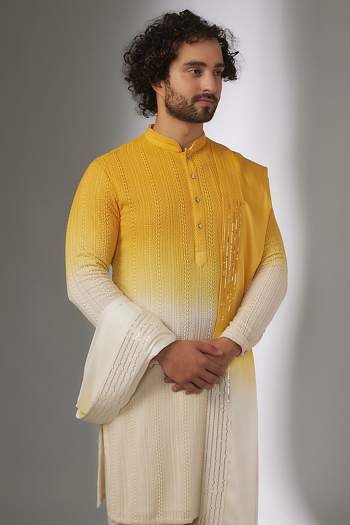 Yellow & Ivory Georgette Thread Work Ombre Kurta Set by SALIL BHATIA at Pernia's Pop Up Shop