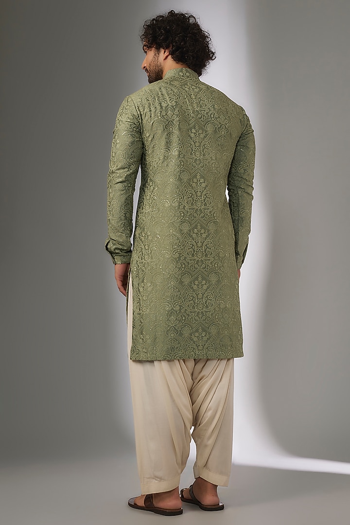 Sage Green Chanderi Silk Sequins Embellished Kurta Set by SALIL BHATIA at Pernia's Pop Up Shop