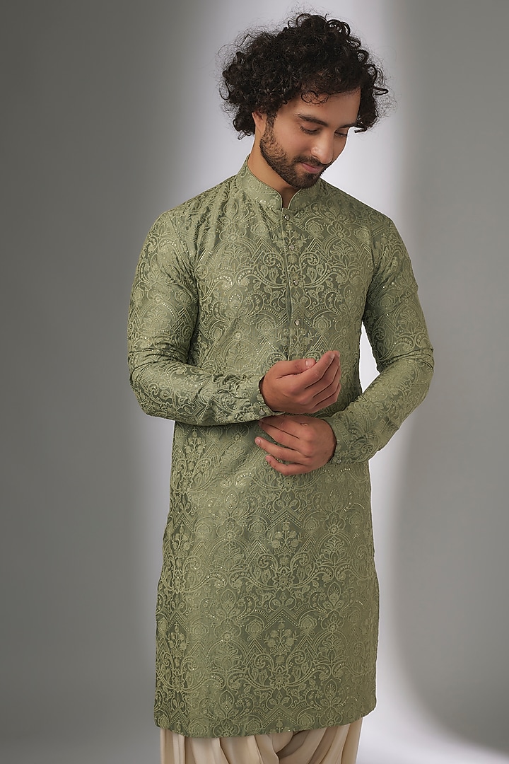 Sage Green Chanderi Silk Sequins Embellished Kurta Set by SALIL BHATIA at Pernia's Pop Up Shop