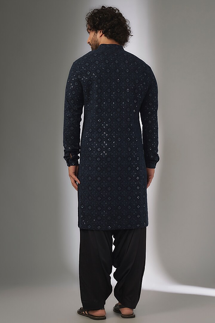 Navy Blue Georgette Thread & Sequins Embellished Kurta Set by SALIL BHATIA at Pernia's Pop Up Shop