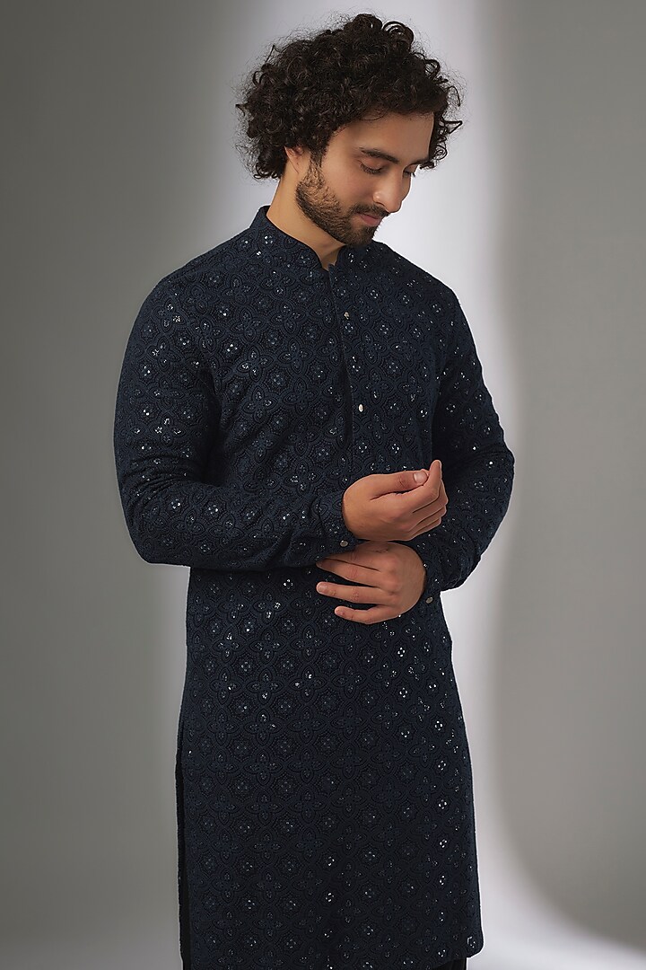 Navy Blue Georgette Thread & Sequins Embellished Kurta Set by SALIL BHATIA at Pernia's Pop Up Shop