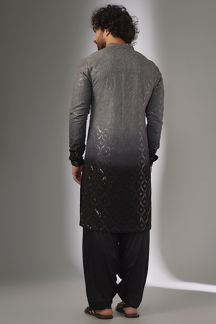 Grey & Black Silk Dola Thread & Sequins Embellished Ombre Kurta Set by SALIL BHATIA at Pernia's Pop Up Shop