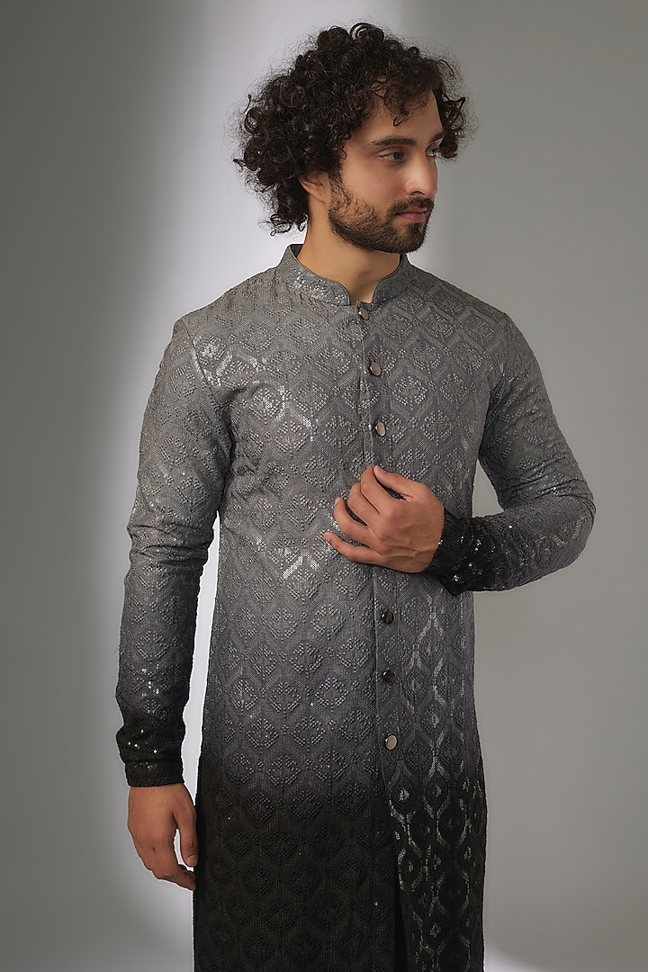 Grey & Black Silk Dola Thread & Sequins Embellished Ombre Kurta Set by SALIL BHATIA at Pernia's Pop Up Shop