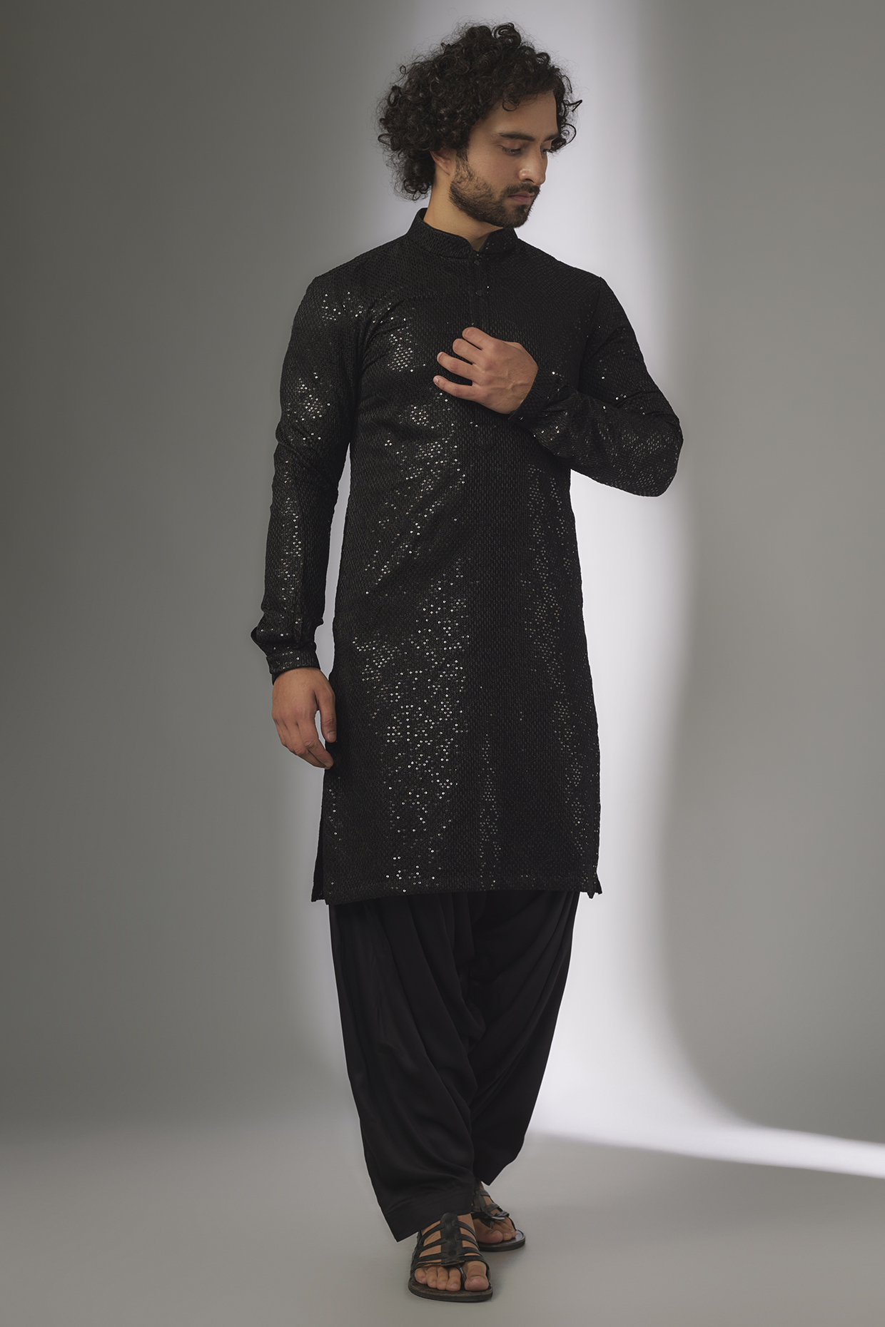 Black Dola Silk Thread & Sequins Embellished Kurta Set by SALIL BHATIA at Pernia's Pop Up Shop