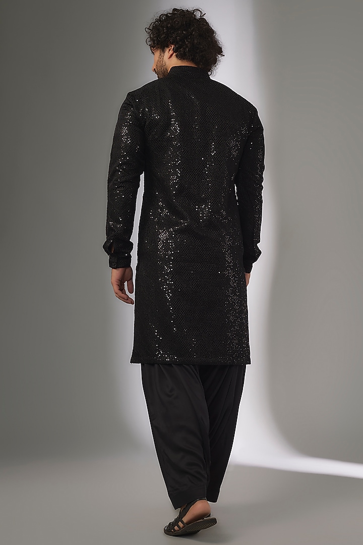 Black Dola Silk Thread & Sequins Embellished Kurta Set by SALIL BHATIA at Pernia's Pop Up Shop