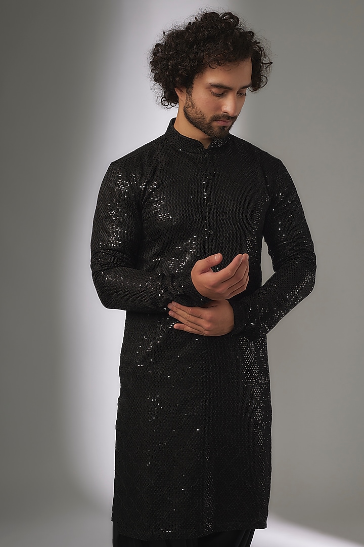 Black Dola Silk Thread & Sequins Embellished Kurta Set by SALIL BHATIA at Pernia's Pop Up Shop