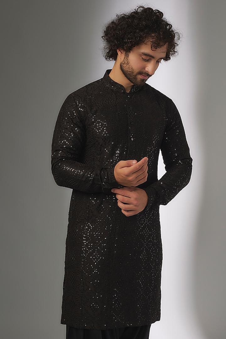 Black Dola Silk Thread & Sequins Embellished Kurta Set by SALIL BHATIA at Pernia's Pop Up Shop