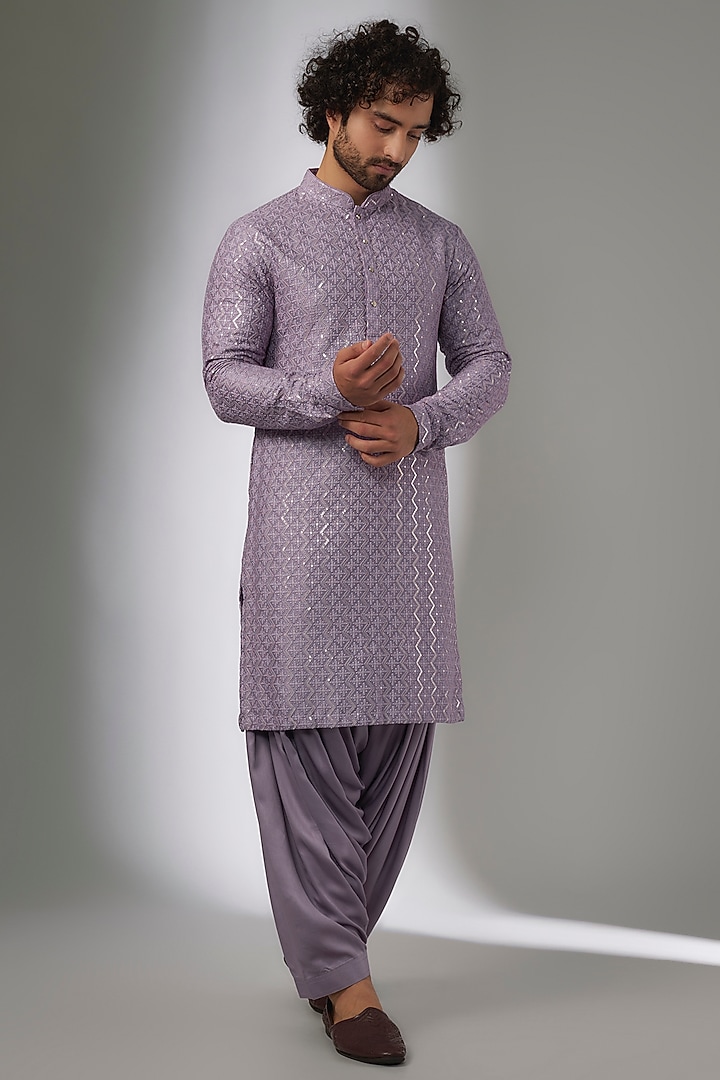 Lavender Dola Silk Thread & Sequins Embellished Kurta Set by SALIL BHATIA at Pernia's Pop Up Shop