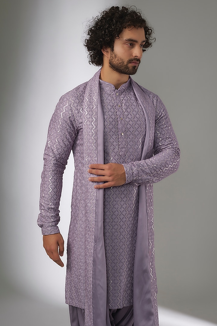 Lavender Dola Silk Thread & Sequins Embellished Kurta Set by SALIL BHATIA at Pernia's Pop Up Shop