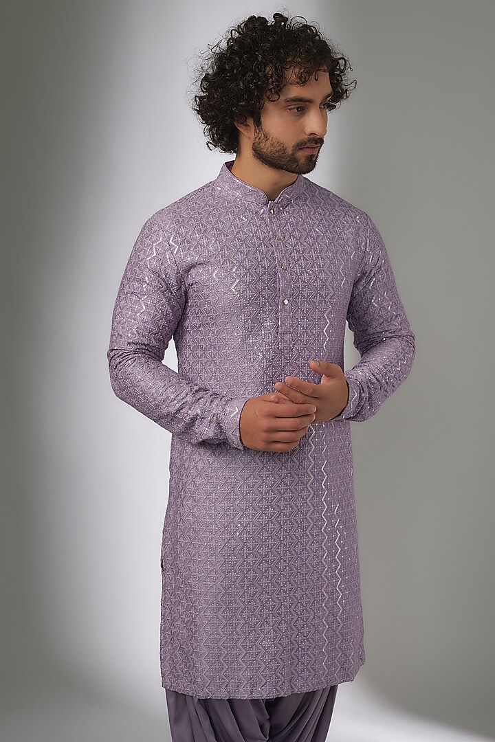 Lavender Dola Silk Thread & Sequins Embellished Kurta Set by SALIL BHATIA at Pernia's Pop Up Shop