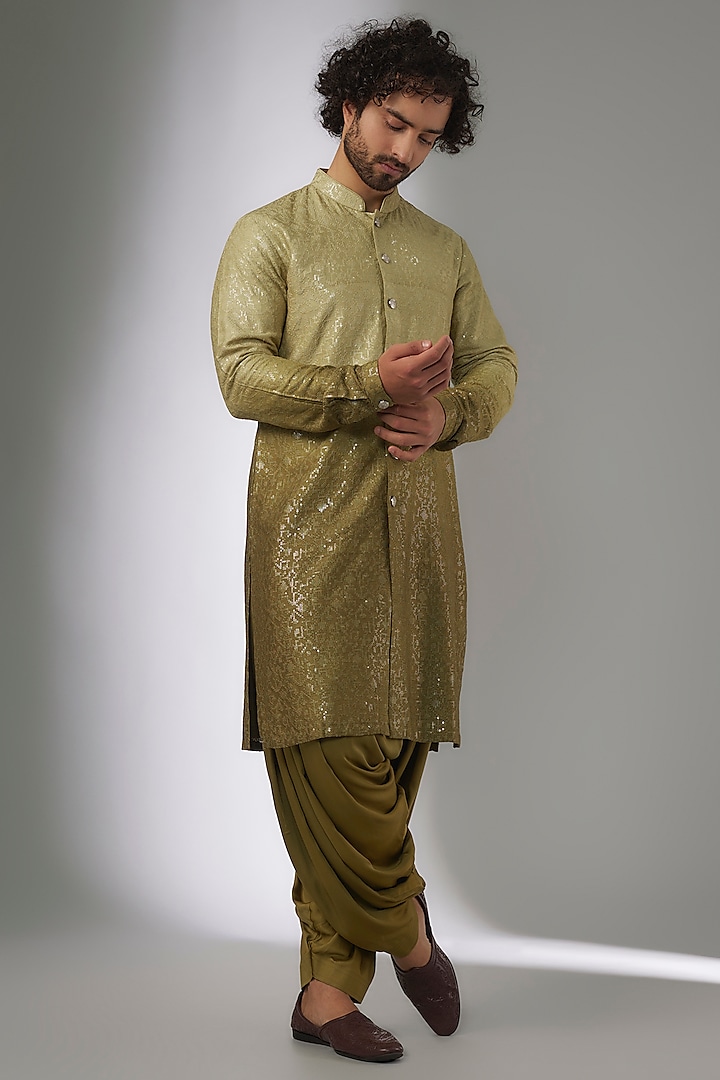 Mehendi Green Dola Silk Sequins Work Ombre Kurta Set by SALIL BHATIA at Pernia's Pop Up Shop