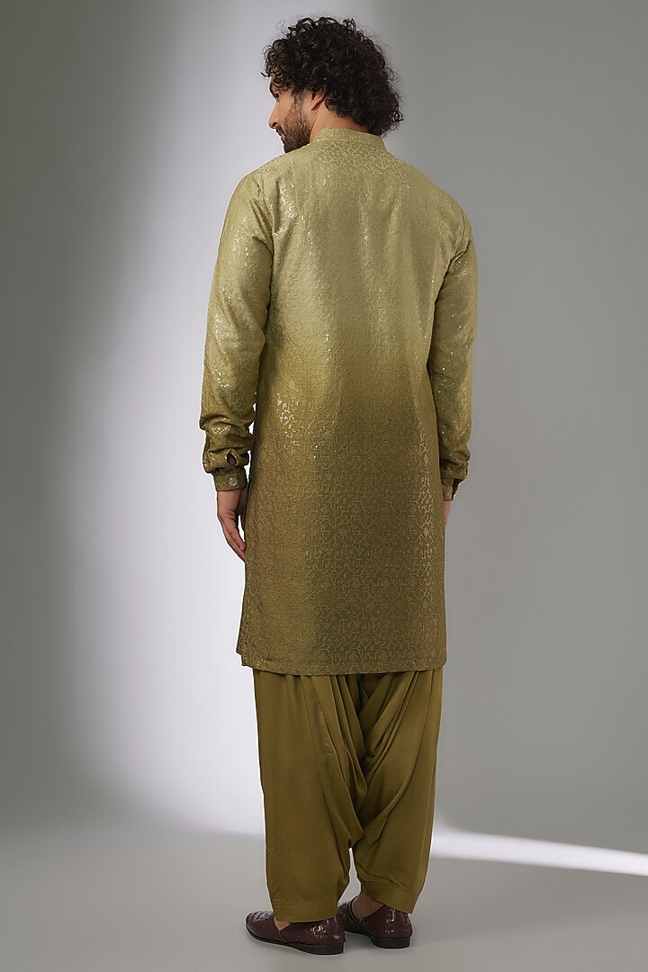 Mehendi Green Dola Silk Sequins Work Ombre Kurta Set by SALIL BHATIA at Pernia's Pop Up Shop
