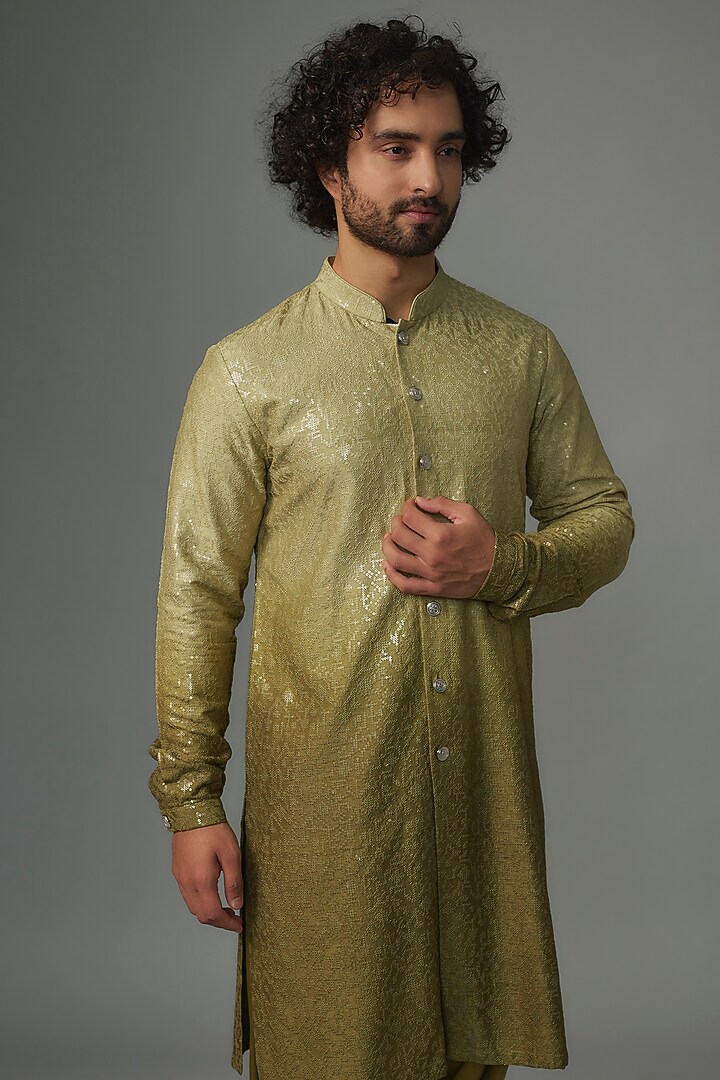 Mehendi Green Dola Silk Sequins Work Ombre Kurta Set by SALIL BHATIA at Pernia's Pop Up Shop