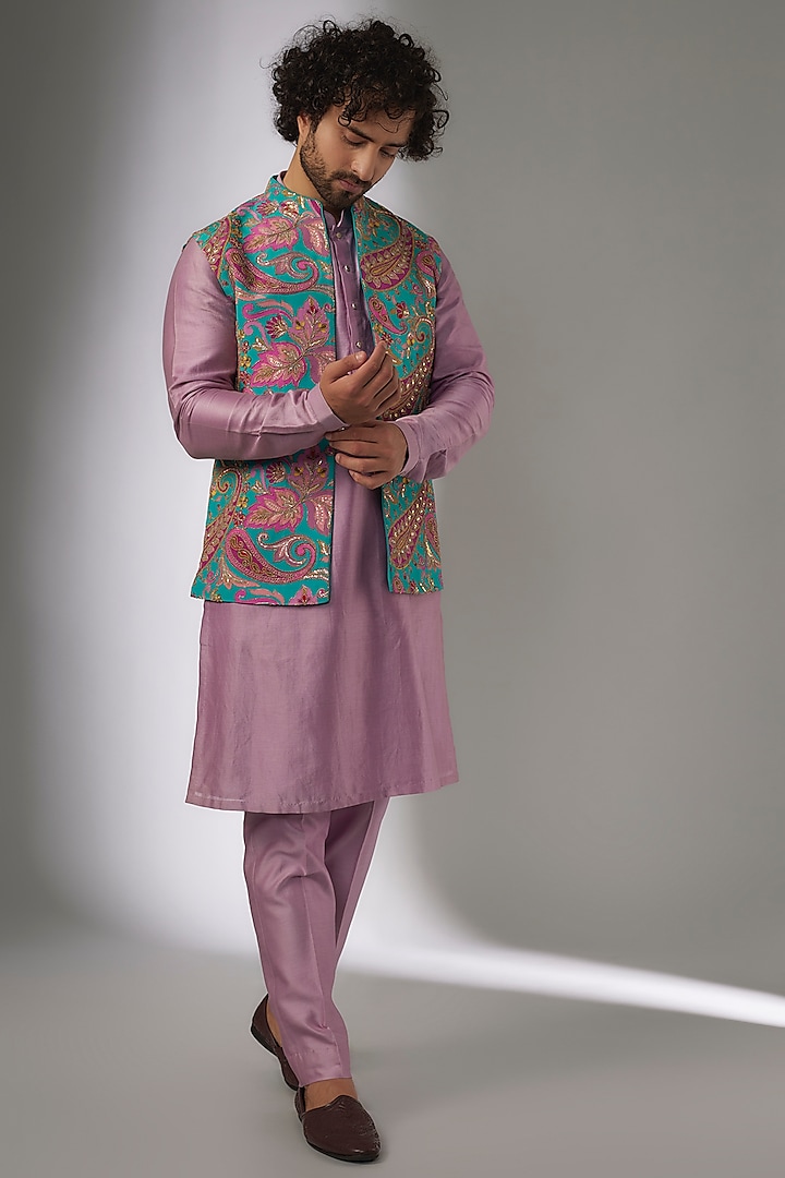 Multi-Colored Chinon Paisley Embellished Nehru Jacket Set by SALIL BHATIA at Pernia's Pop Up Shop