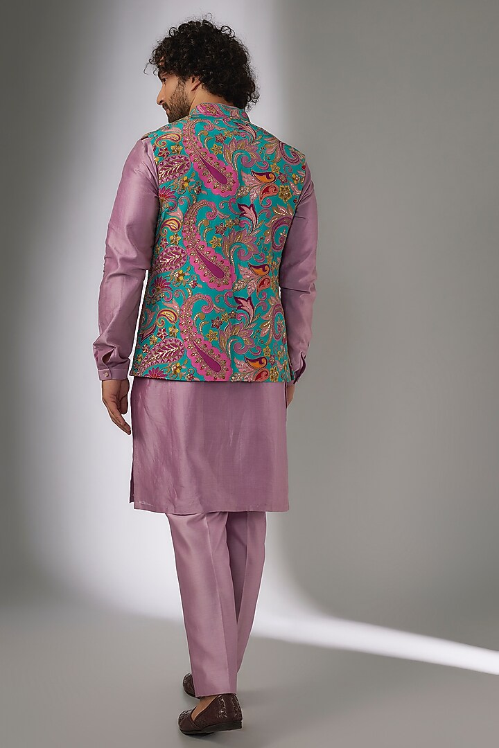 Multi-Colored Chinon Paisley Embellished Nehru Jacket Set by SALIL BHATIA at Pernia's Pop Up Shop