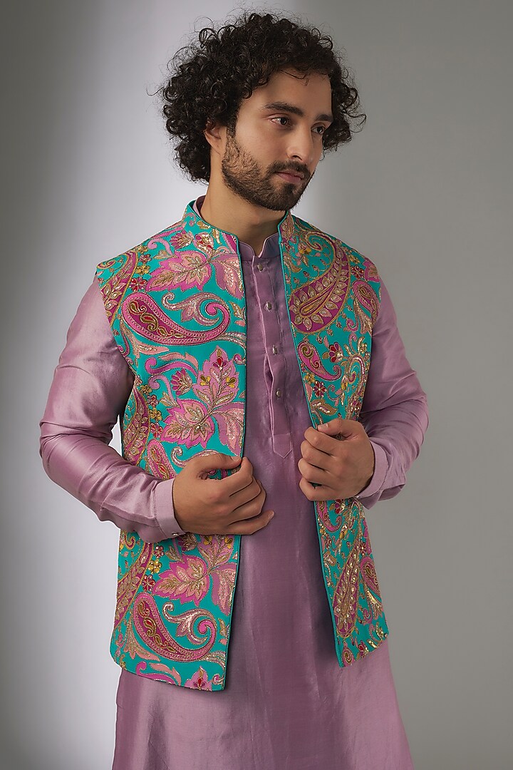 Multi-Colored Chinon Paisley Embellished Nehru Jacket Set by SALIL BHATIA at Pernia's Pop Up Shop