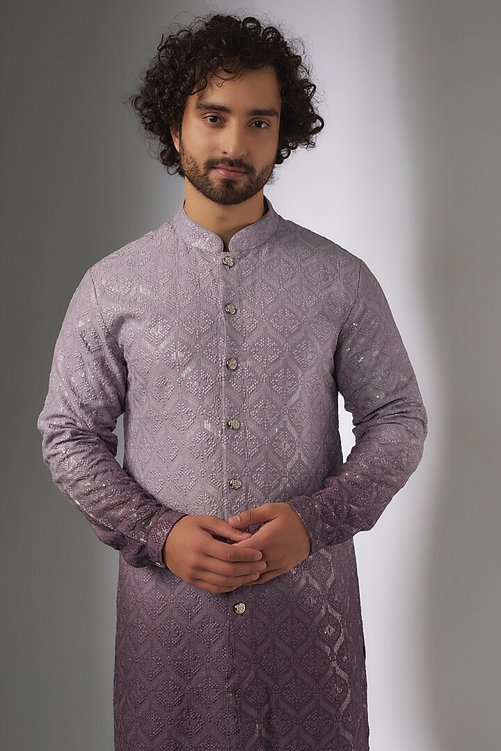 Mauve Ombre Dola Silk Sequins Embellished Kurta Set by SALIL BHATIA at Pernia's Pop Up Shop